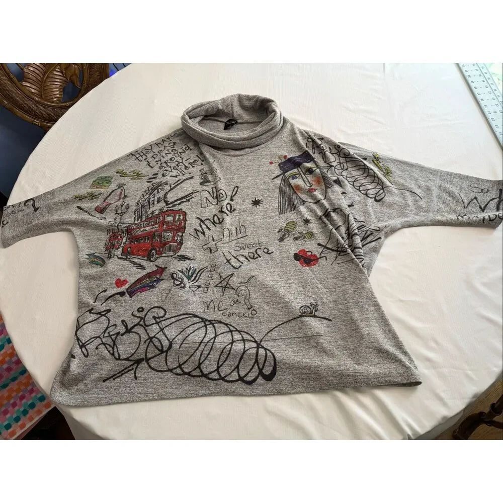 Inoah Grey Graphic Art To Wear Cowl Neck Art To Wear Lagenlook Sweater Size XL